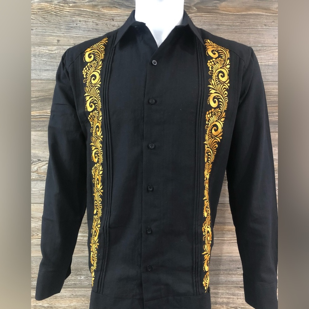 Mens Guayabera Shirt Black Long Sleeve Gold Embroidery Handcrafted